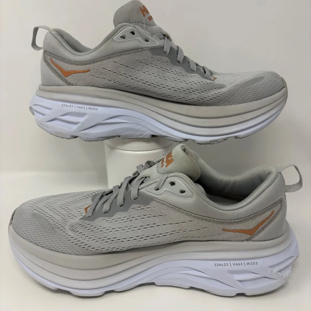 Hoka Bondi 8 Womens Size 8 Grey Orange White Athletic Running Shoes Sneakers